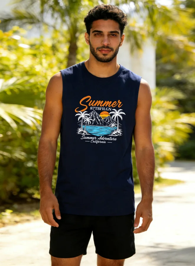 Take Two Men Dark Blue Graphic Print Round Neck Tank and Shorts Co-Ords