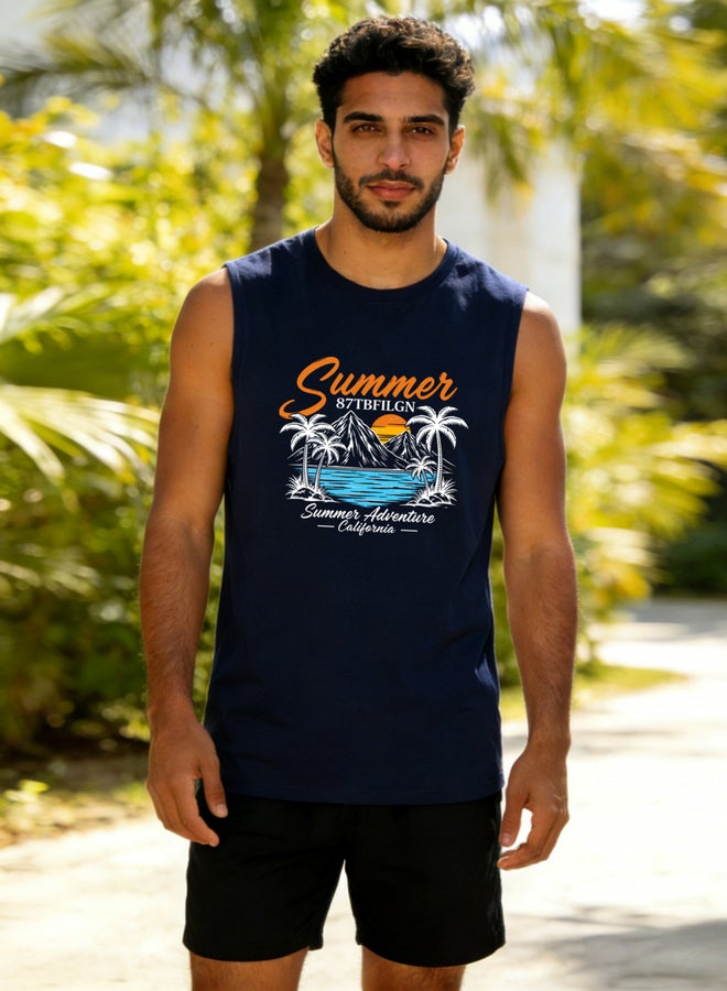 Take Two Men Dark Blue Graphic Print Round Neck Tank and Shorts Co-Ords - Image 1