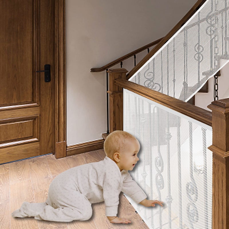 JIFTOK Baby Gate for Stairs Banister Guard for Kids Pets Toys 262ft L x 266 ft H Mesh Netting Safety Net for Balcony Rail Stair Stairway Net Baby Safety Products for Indoor Outdoor White