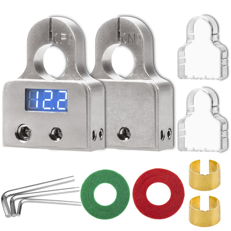 Hamolar Car Battery Terminal Connectors with Voltmeter 048 AWG Heavy Duty Battery Terminals Post Clamps and Shims for Car Audio Auto Marine Boat Caravan Motorhome Top Post Pair