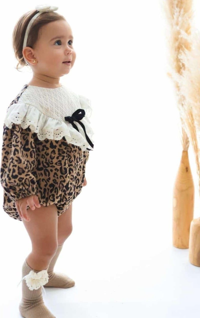 Le mabelle Brown Scallop Collar Leopard Patterned Baby Girl Romper - Lenora  - Image 2