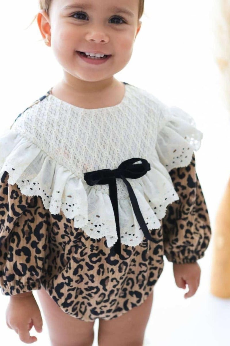 Le mabelle Brown Scallop Collar Leopard Patterned Baby Girl Romper - Lenora  - Image 1