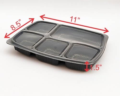 Amit Marketing 5 Compartment Meal Prep Containers with Lids | Disposable Food Storage Tray | Black Unbreakable Leak-Proof Microwave Safe Box for Restaurants, Takeaway,Parties & Catering - Set of 25pc - Image 2