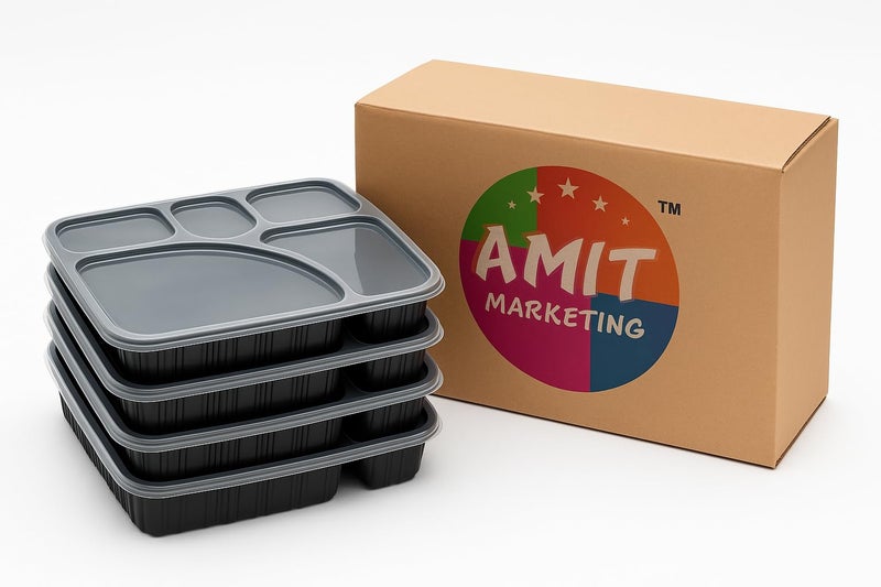 Amit Marketing 5 Compartment Meal Prep Containers with Lids | Disposable Food Storage Tray | Black Unbreakable Leak-Proof Microwave Safe Box for Restaurants, Takeaway,Parties & Catering - Set of 25pc - Image 1