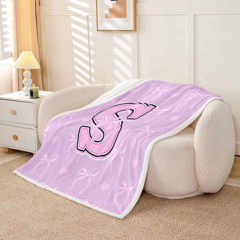 Erosebridal Purple Pink Bow Girls Fuzzy Plush Throw Cute Coquette Ribbon Bow Fleece Blanket Black Pink Bowknot Initial S Sherpa Blanket for Kids Girls Preppy Love Hearts Decor for Bed Couch Baby Size - Image 2