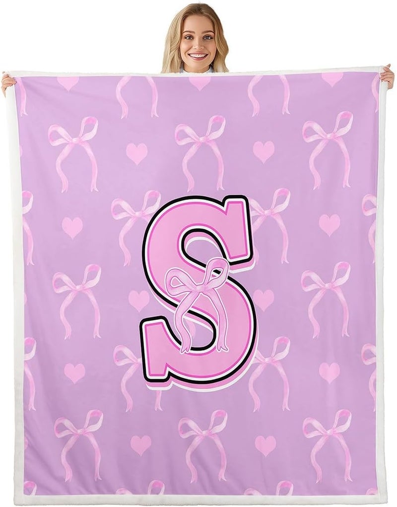 Erosebridal Purple Pink Bow Girls Fuzzy Plush Throw Cute Coquette Ribbon Bow Fleece Blanket Black Pink Bowknot Initial S Sherpa Blanket for Kids Girls Preppy Love Hearts Decor for Bed Couch Baby Size - Image 1