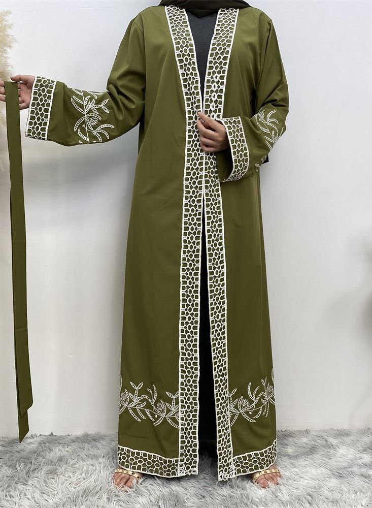 Loquat Splice Lace Cardigan Gown Abaya Green - Image 1