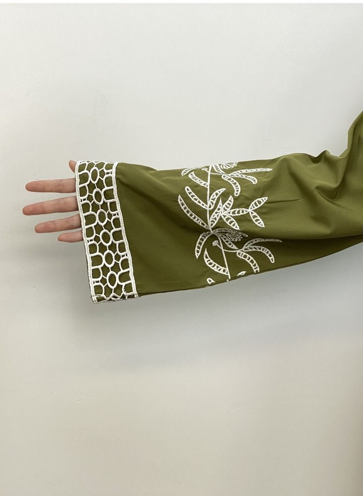 Loquat Splice Lace Cardigan Gown Abaya Green - Image 4