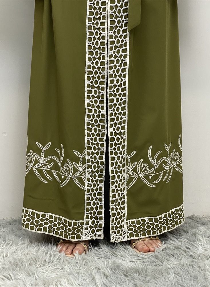 Loquat Splice Lace Cardigan Gown Abaya Green - Image 5