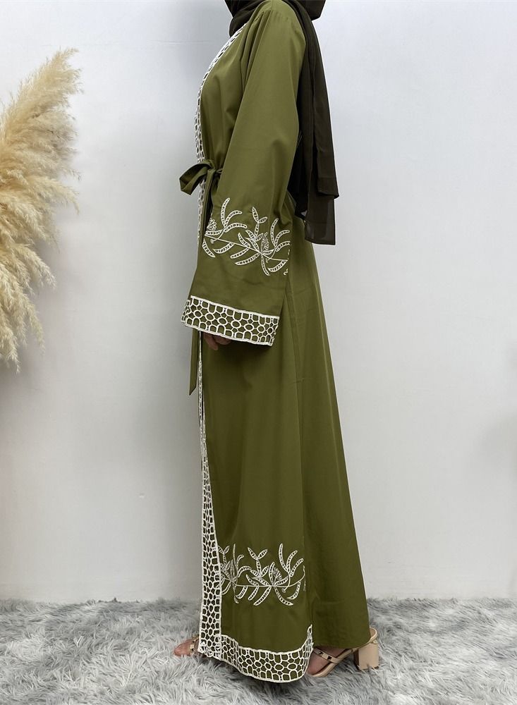 Loquat Splice Lace Cardigan Gown Abaya Green - Image 2