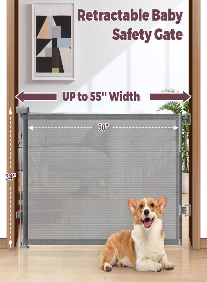 Cideny Retractable Baby Gate for Stairs, 55" Wide Mesh Dog Gate Indoor, 34" Tall Child Gate for Doorways, Hallways, Deck, Indoor Outdoor Pet Baby Safety Essentials for Home, Grey - Image 2