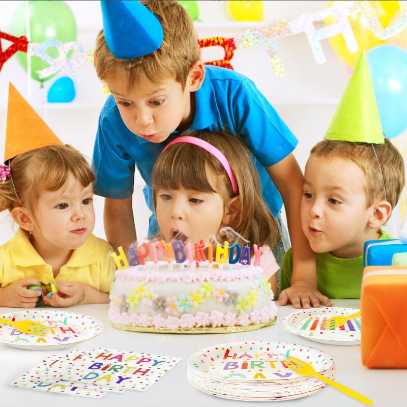 Koeilay 96 Pcs Birthday Party Supplies Disposable Tableware Set with Colorful Dots Design Include Plates and Napkins Plastic Forks Birthday Party Decorations, Serve 24 Guests(Classic Style) - Image 4