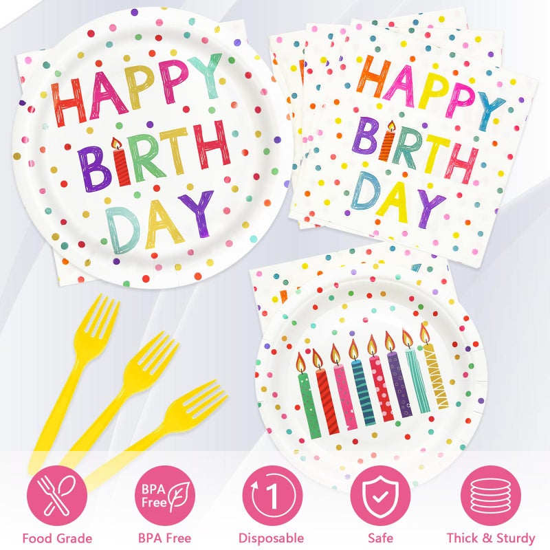 Koeilay 96 Pcs Birthday Party Supplies Disposable Tableware Set with Colorful Dots Design Include Plates and Napkins Plastic Forks Birthday Party Decorations, Serve 24 Guests(Classic Style) - Image 3
