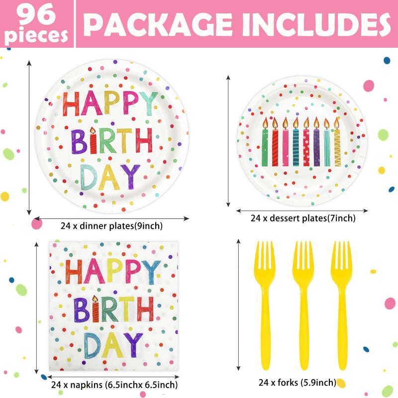 Koeilay 96 Pcs Birthday Party Supplies Disposable Tableware Set with Colorful Dots Design Include Plates and Napkins Plastic Forks Birthday Party Decorations, Serve 24 Guests(Classic Style) - Image 2