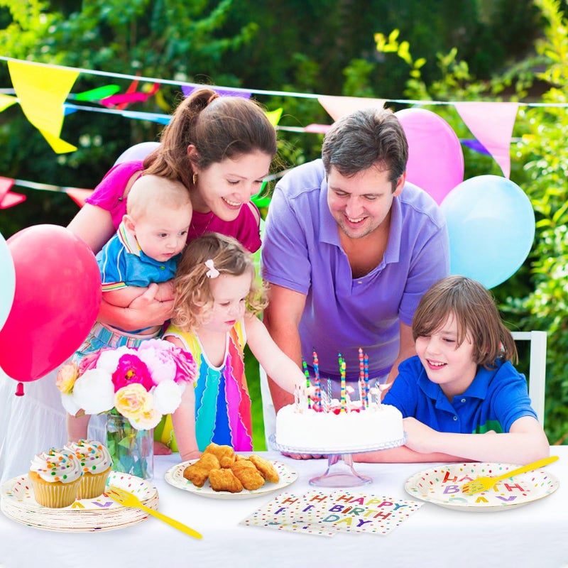 Koeilay 96 Pcs Birthday Party Supplies Disposable Tableware Set with Colorful Dots Design Include Plates and Napkins Plastic Forks Birthday Party Decorations, Serve 24 Guests(Classic Style) - Image 5