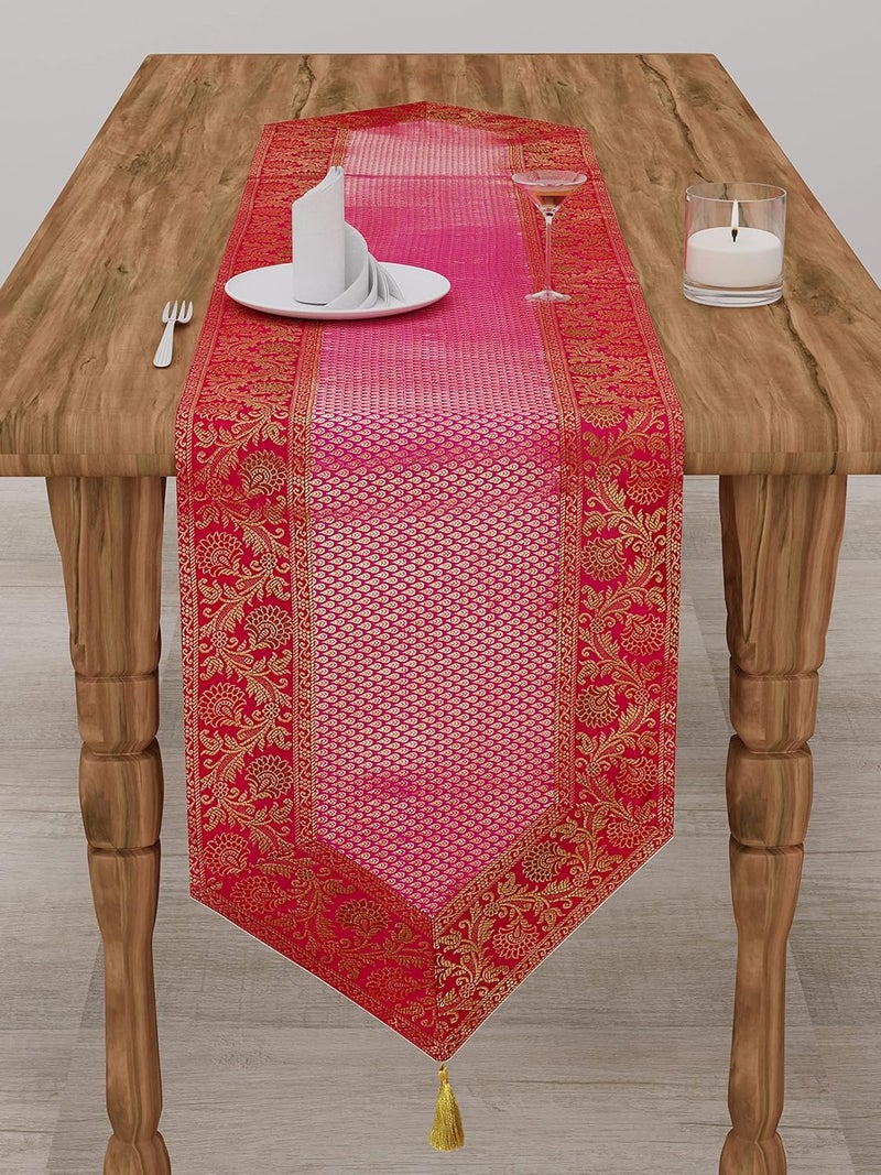 E - Ezra E EZRA Silk Table Runner Golden Butti for 4 6 Seater Dinning Table 80 X 14 Inch Pink - Image 2