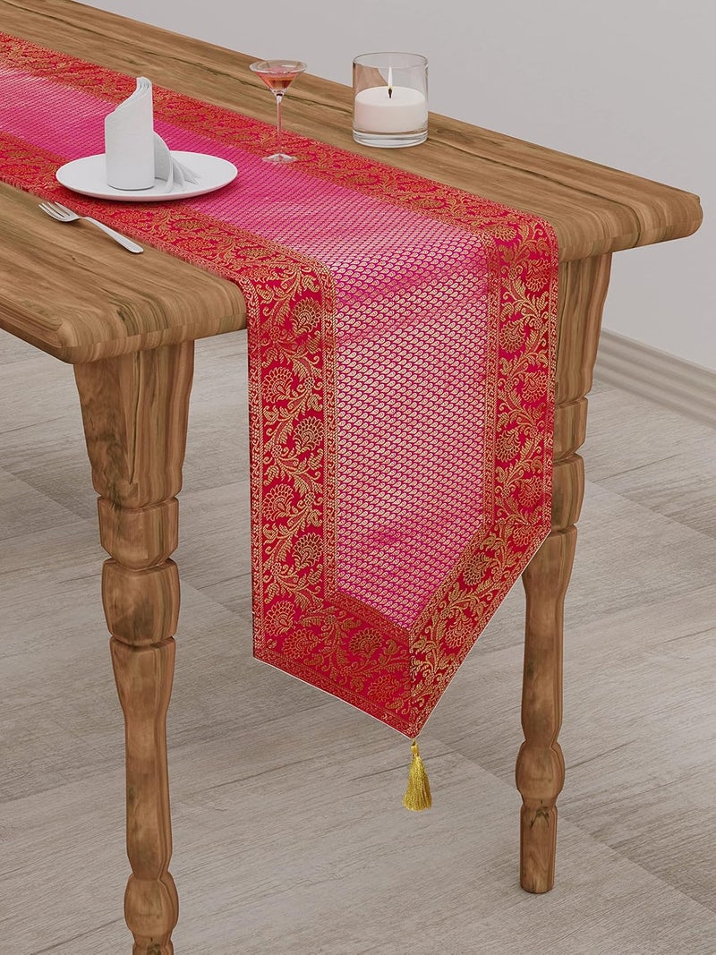 E - Ezra E EZRA Silk Table Runner Golden Butti for 4 6 Seater Dinning Table 80 X 14 Inch Pink - Image 1