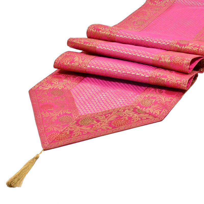 E - Ezra E EZRA Silk Table Runner Golden Butti for 4 6 Seater Dinning Table 80 X 14 Inch Pink - Image 3