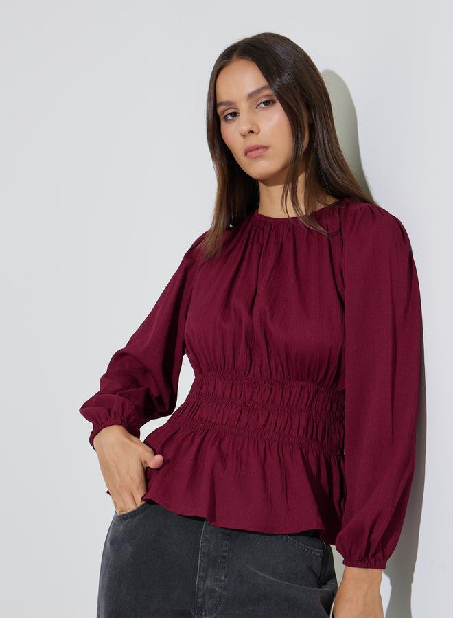 Styli Burgundy Solid Smocked Waist Long Sleeves Blouse - Image 1