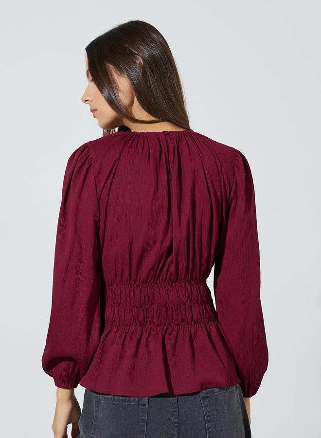 Styli Burgundy Solid Smocked Waist Long Sleeves Blouse - Image 4