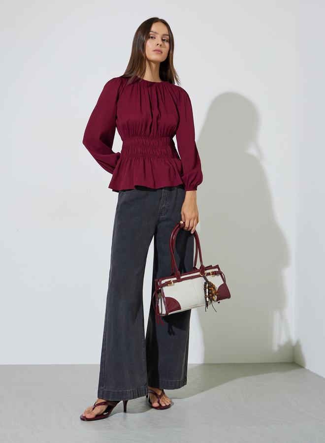Styli Burgundy Solid Smocked Waist Long Sleeves Blouse - Image 2