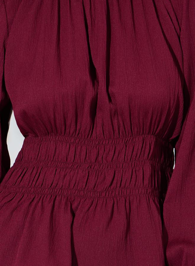 Styli Burgundy Solid Smocked Waist Long Sleeves Blouse - Image 3