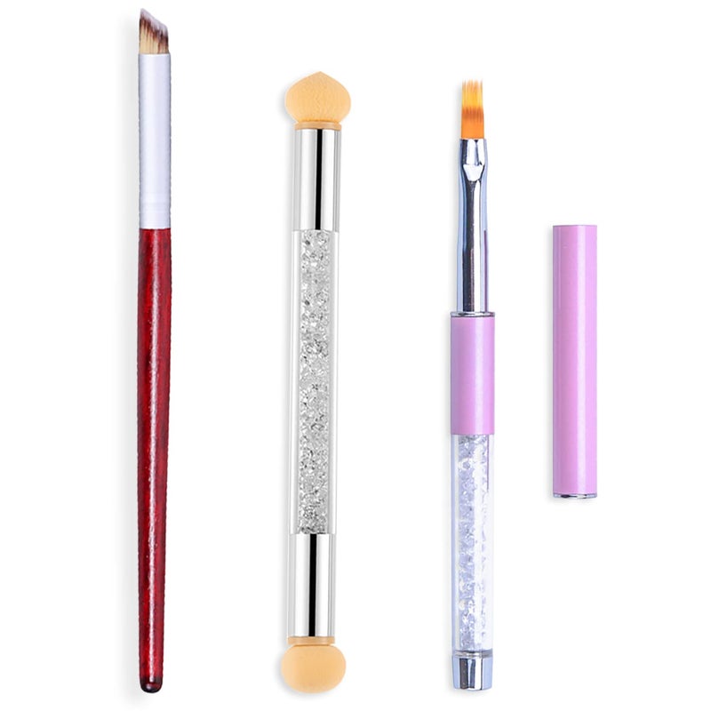 SILPECWEE 3Pcs Acrylic Nail Brush Set UV Gel Nail Ombre Brush DoubleHead Sponge Pen Wooden Nail Art Gradient Painting Brush Manicure Tools