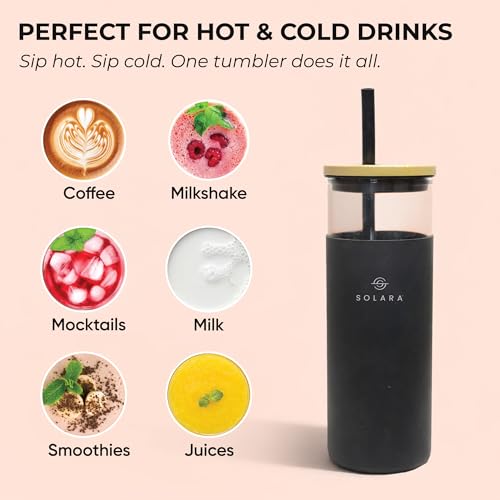 SOLARA Glass Tumbler with Bamboo Lid, Straw and Silicone Protector 500ml, Coffee & Juice Tumblers with Silicone Straw & Lid, Durable Travel Mug with Lid, Black Knight - Image 4