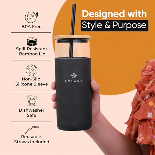 SOLARA Glass Tumbler with Bamboo Lid, Straw and Silicone Protector 500ml, Coffee & Juice Tumblers with Silicone Straw & Lid, Durable Travel Mug with Lid, Black Knight - Image 2