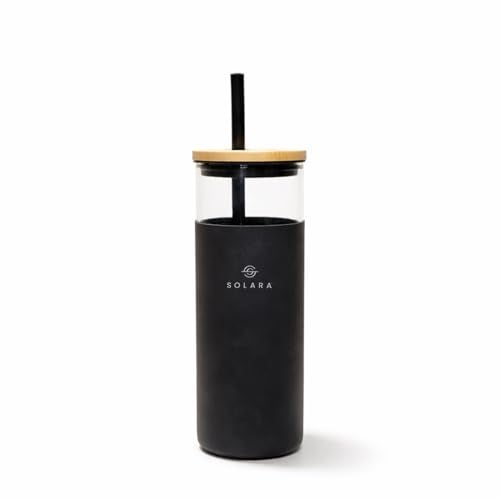 SOLARA Glass Tumbler with Bamboo Lid, Straw and Silicone Protector 500ml, Coffee & Juice Tumblers with Silicone Straw & Lid, Durable Travel Mug with Lid, Black Knight - Image 1