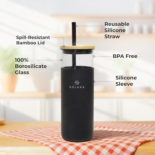 SOLARA Glass Tumbler with Bamboo Lid, Straw and Silicone Protector 500ml, Coffee & Juice Tumblers with Silicone Straw & Lid, Durable Travel Mug with Lid, Black Knight - Image 3