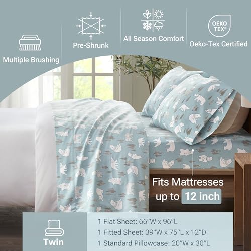 Sleep Philosophy True North by Sleep Philosophy Cozy Flannel Warm 100% Cotton Sheet - Novelty Print Animals Stars Cute Ultra Soft Cold Weather Bedding Set, Twin, Blue Polar Bears 3 Piece - Image 4