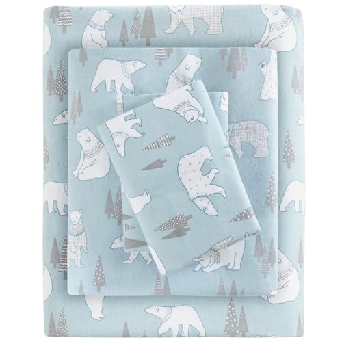 Sleep Philosophy True North by Sleep Philosophy Cozy Flannel Warm 100% Cotton Sheet - Novelty Print Animals Stars Cute Ultra Soft Cold Weather Bedding Set, Twin, Blue Polar Bears 3 Piece - Image 1
