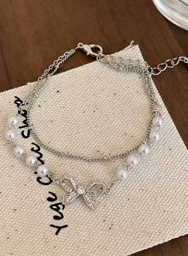 Take Two Faux Pearl and Bow Detail Layered Bracelet