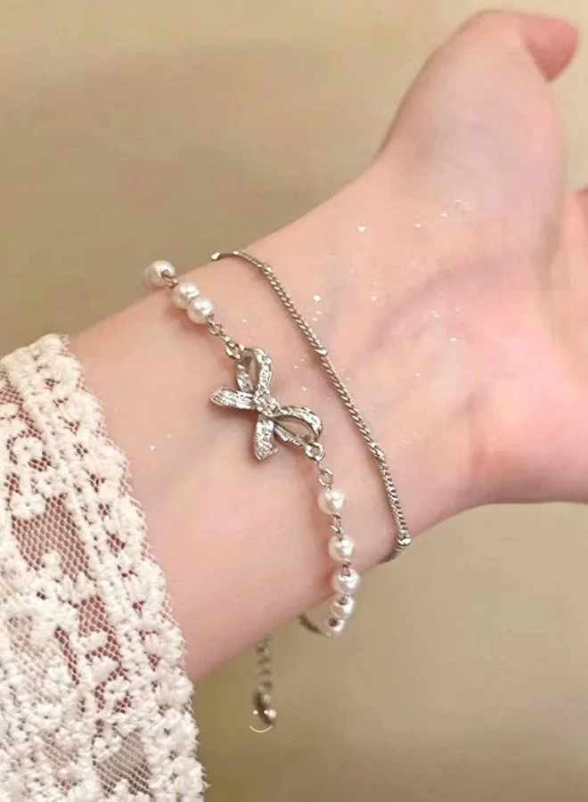 Take Two  Faux Pearl and Bow Detail Layered Bracelet for Women | Best Price UAE