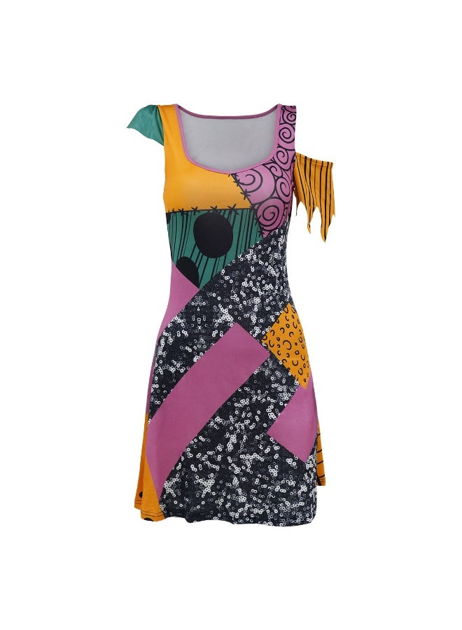 NIBEMINENT Halloween costume printed dress, dark style cosplay Christmas Nightmare Sally role-playing dress, dress girl - Image 1