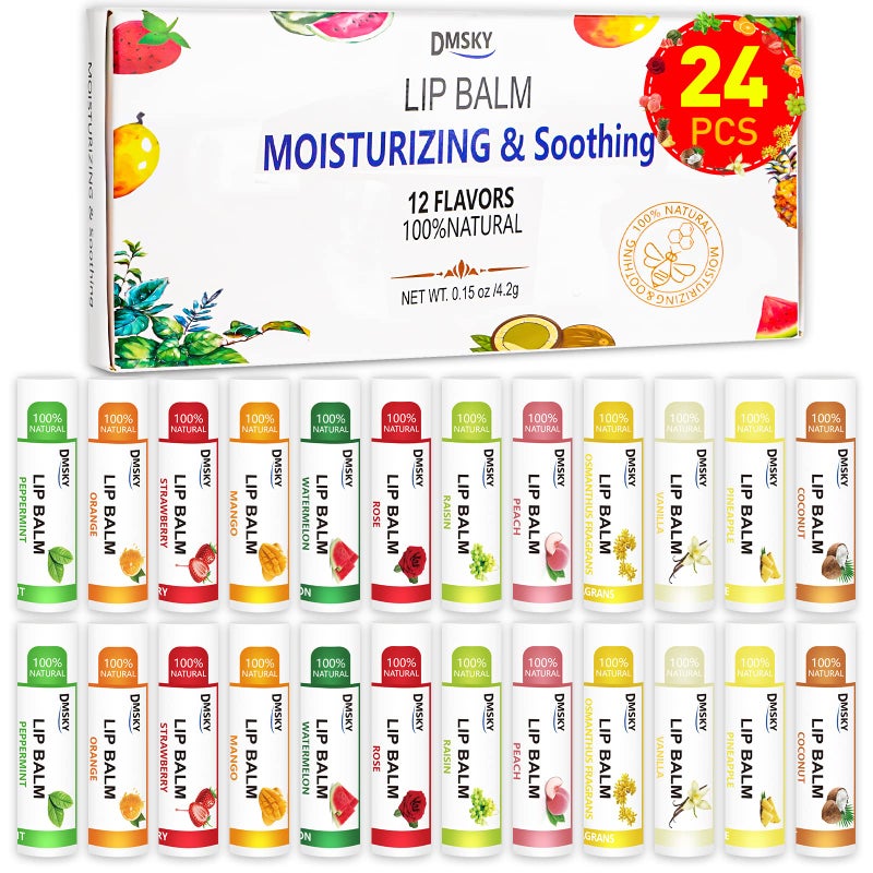 DMSKY 24 Pack Lip Balm Natural Lip Balm Bulk with Vitamin E and Coconut Oil Moisturizing Lip Balm for Chapped Lips Bulk Lip Balm for Women12 Flavors