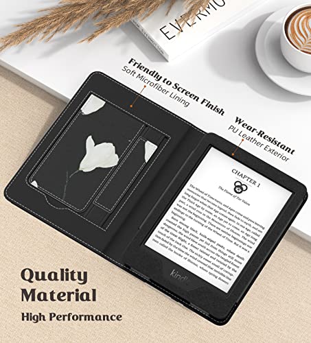 MoKo Case Fits All-New 6" Kindle (11th Generation, 2024/2022 Release)/ Kindle (11th Gen,2019)/Kindle (8th Gen, 2016), Ultra Lightweight PU Shell Cover with Auto Wake/Sleep, Black & White Magnolia - Image 4