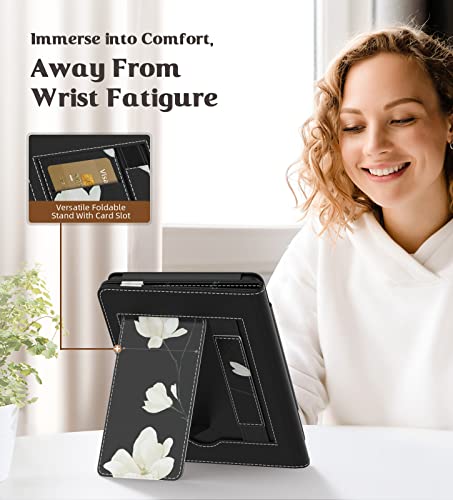 MoKo Case Fits All-New 6" Kindle (11th Generation, 2024/2022 Release)/ Kindle (11th Gen,2019)/Kindle (8th Gen, 2016), Ultra Lightweight PU Shell Cover with Auto Wake/Sleep, Black & White Magnolia - Image 3