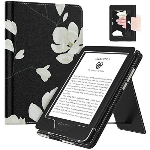 MoKo Case Fits All-New 6" Kindle (11th Generation, 2024/2022 Release)/ Kindle (11th Gen,2019)/Kindle (8th Gen, 2016), Ultra Lightweight PU Shell Cover with Auto Wake/Sleep, Black & White Magnolia - Image 1