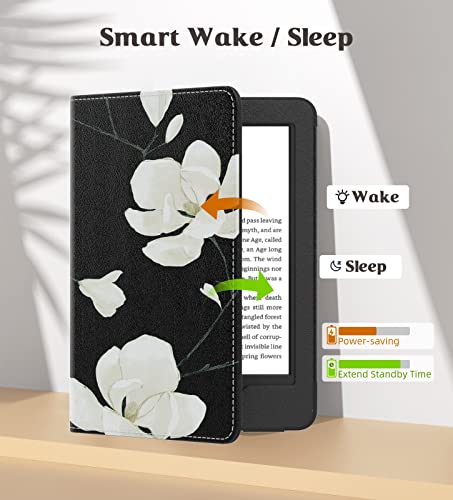 MoKo Case Fits All-New 6" Kindle (11th Generation, 2024/2022 Release)/ Kindle (11th Gen,2019)/Kindle (8th Gen, 2016), Ultra Lightweight PU Shell Cover with Auto Wake/Sleep, Black & White Magnolia - Image 5
