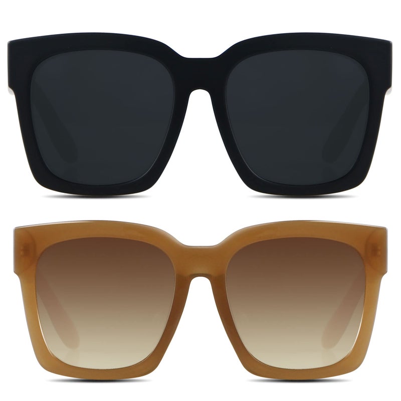 ANDWOOD Oversized Sunglasses for Women Big Large Square Wide Frame Shades Retro Trendy Fashion UV Protection 2 Pack Matte Black Brown Sun glasses - Image 1