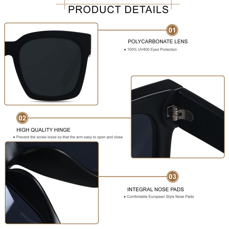 ANDWOOD Oversized Sunglasses for Women Big Large Square Wide Frame Shades Retro Trendy Fashion UV Protection 2 Pack Matte Black Brown Sun glasses - Image 3