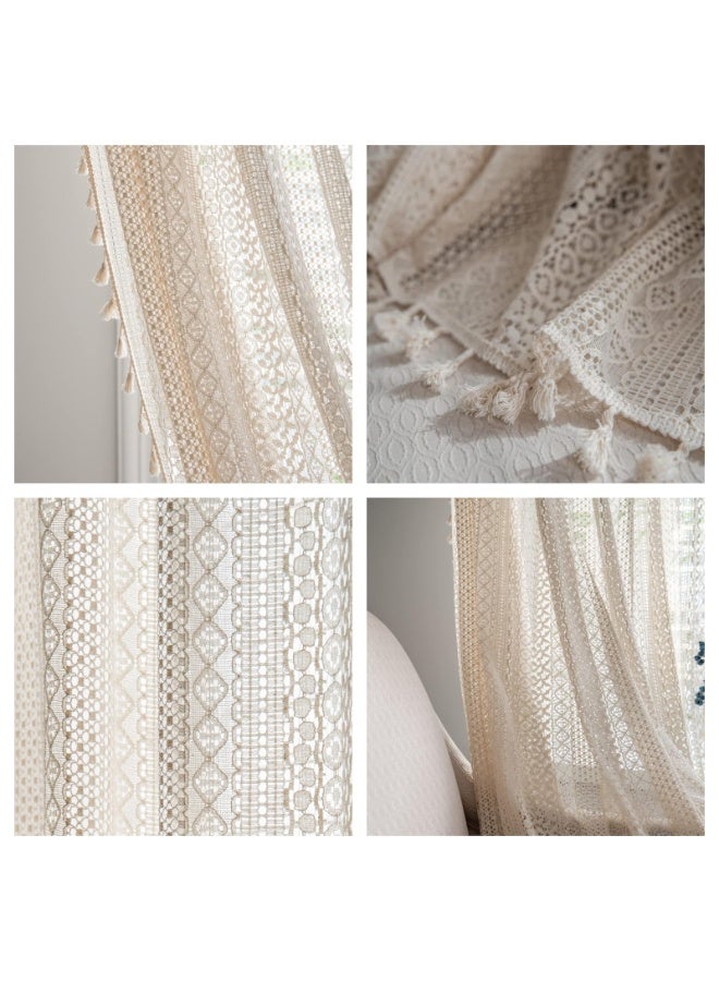 Boho Curtains Semi-Sheer Crochet Bohemian Lace Curtain with Tassels for Living Bedroom 150 cm × 220 cm Beige - Image 5