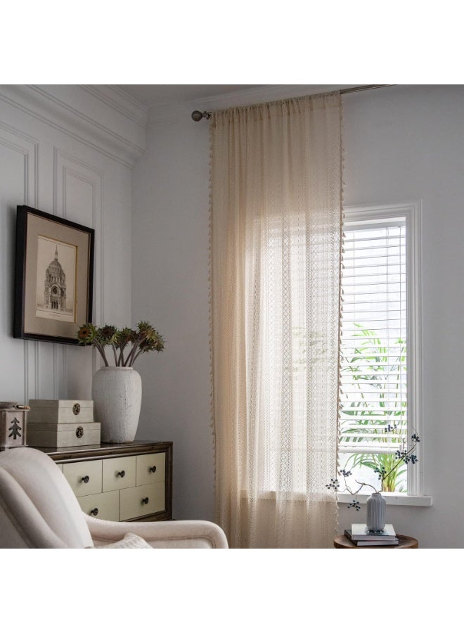 Boho Curtains Semi-Sheer Crochet Bohemian Lace Curtain with Tassels for Living Bedroom 150 cm × 220 cm Beige - Image 3