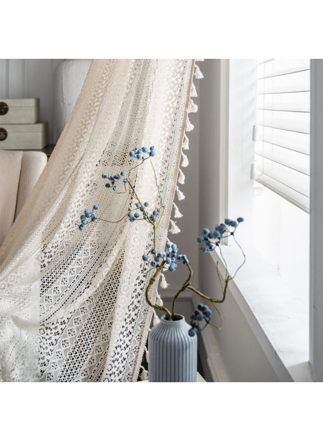 Boho Curtains Semi-Sheer Crochet Bohemian Lace Curtain with Tassels for Living Bedroom 150 cm × 220 cm Beige - Image 4
