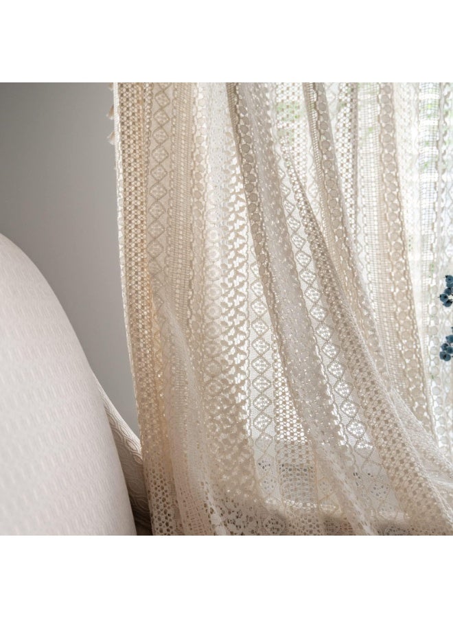 Boho Curtains Semi-Sheer Crochet Bohemian Lace Curtain with Tassels for Living Bedroom 150 cm × 220 cm Beige - Image 2