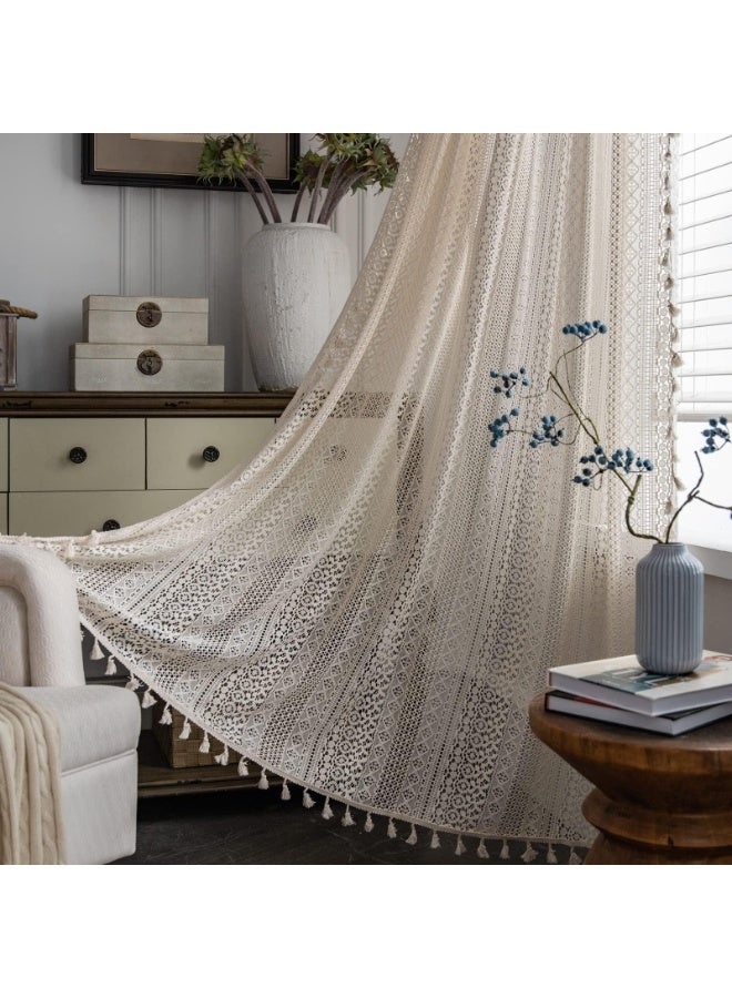 Boho Curtains Semi-Sheer Crochet Bohemian Lace Curtain with Tassels for Living Bedroom 150 cm × 220 cm Beige - Image 1