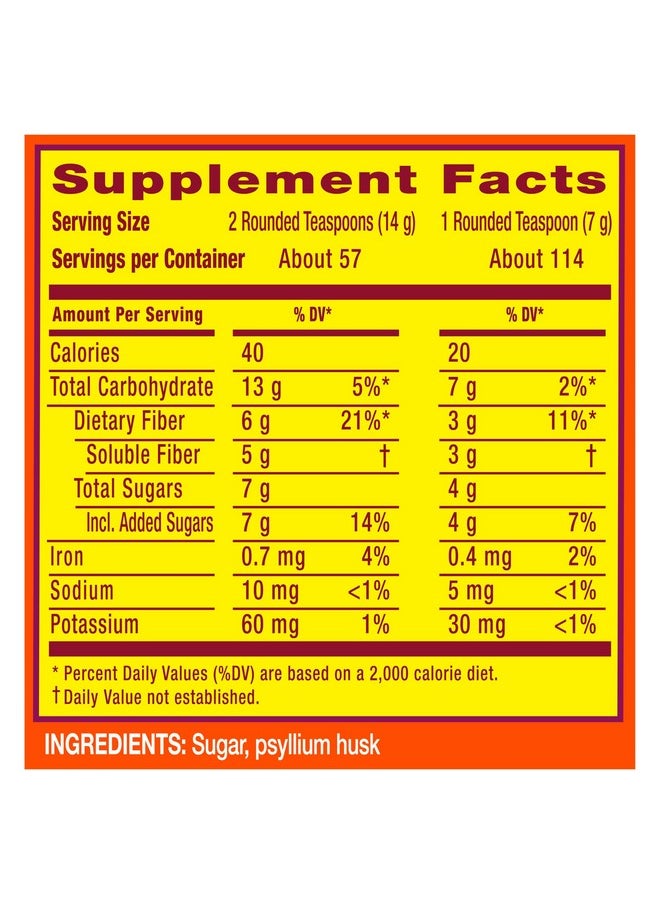 Metamucil, Daily Psyllium Husk Powder Supplement with Real Sugar, 4-in-1 Fiber for Digestive Health, Orange Smooth Flavored Drink, 114 Servings
