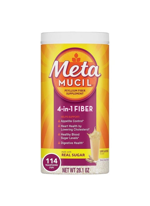 Metamucil, Daily Psyllium Husk Powder Supplement with Real Sugar, 4-in-1 Fiber for Digestive Health, Orange Smooth Flavored Drink, 114 Servings